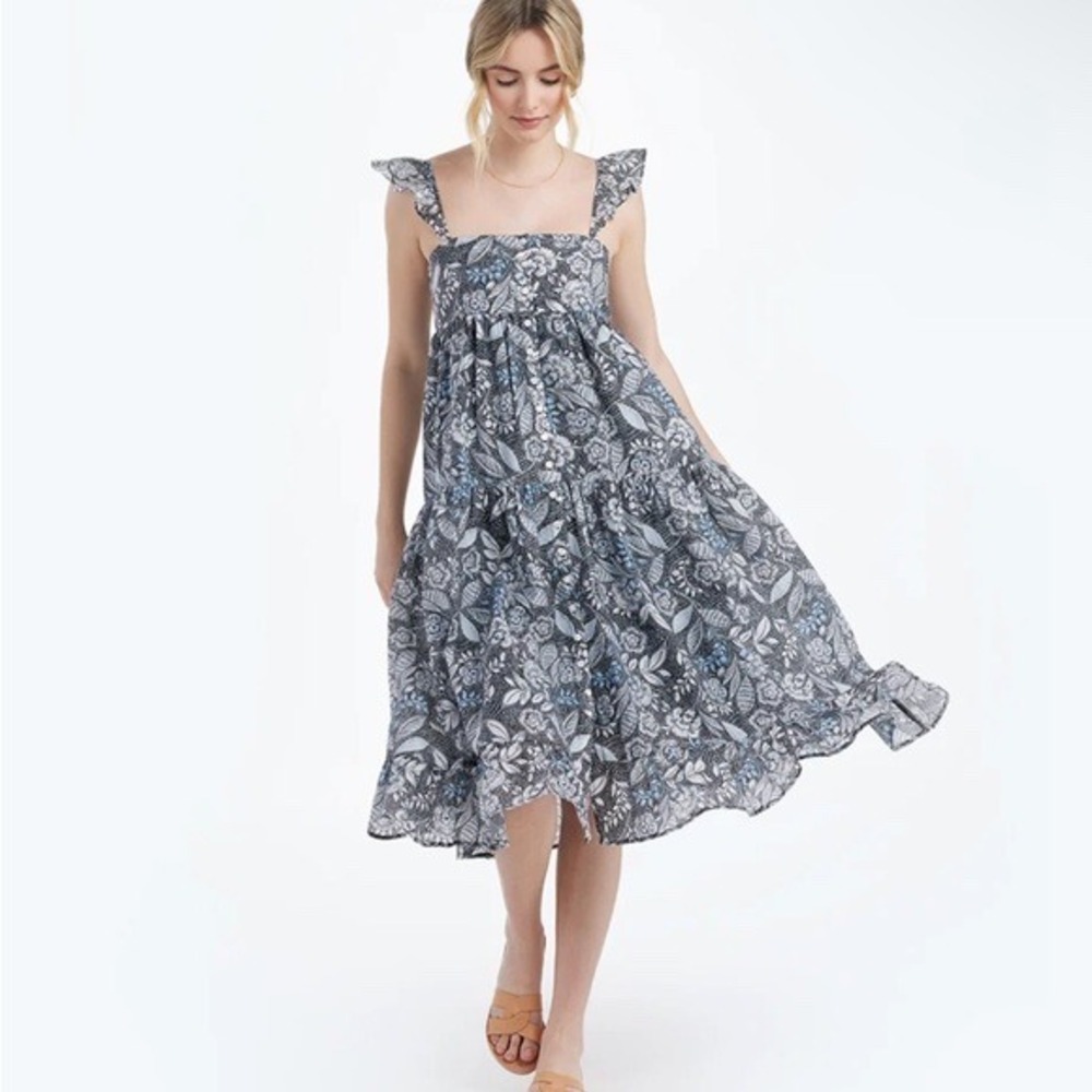 Summersalt Ruffle Oasis Dress Blue Black Floral Tiered Smocked Midi SM